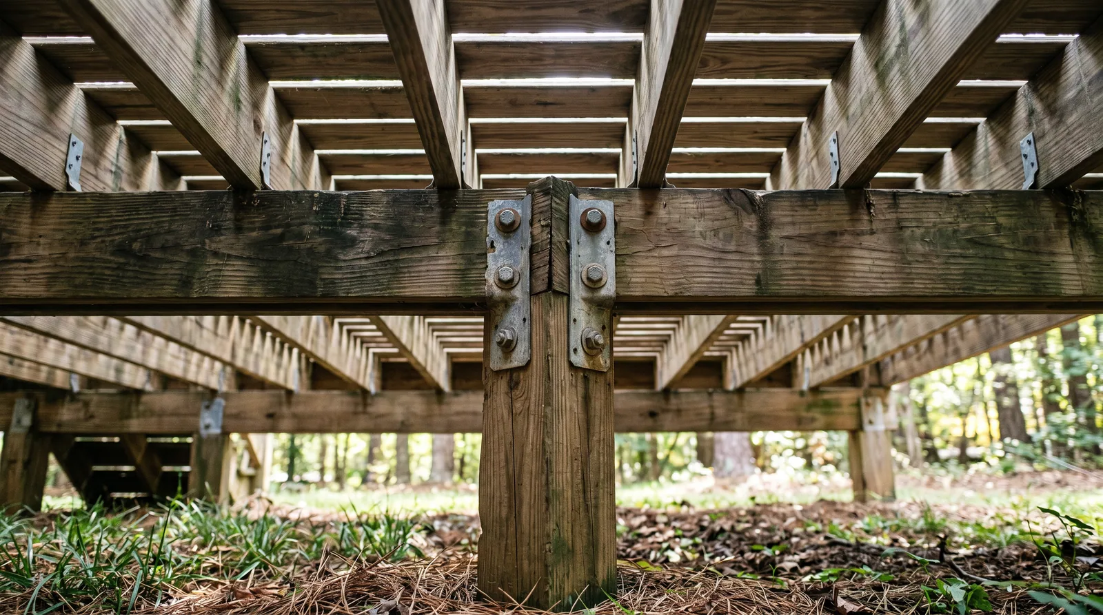 Close-up underside view of deck framing showing beam-to-post connection and pressure-treated joists during a structural inspection in a Raleigh backyard