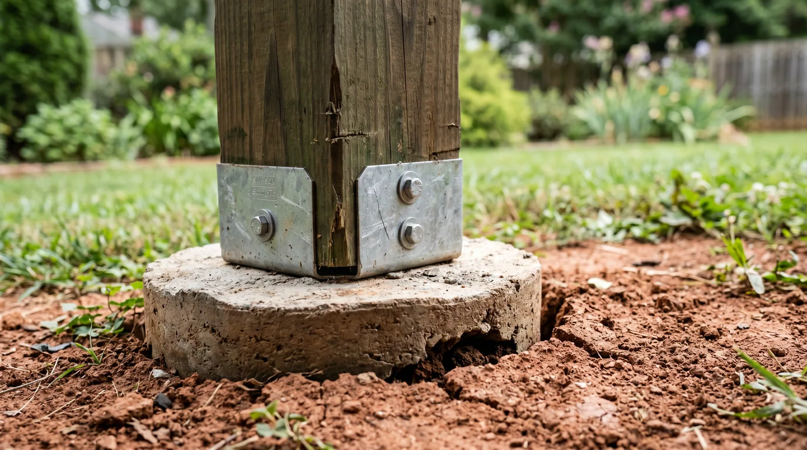 Close-up of a deck post base and concrete footing in red clay soil showing subtle soil separation, illustrating footing settlement and why deck replacement in Raleigh NC may be needed.