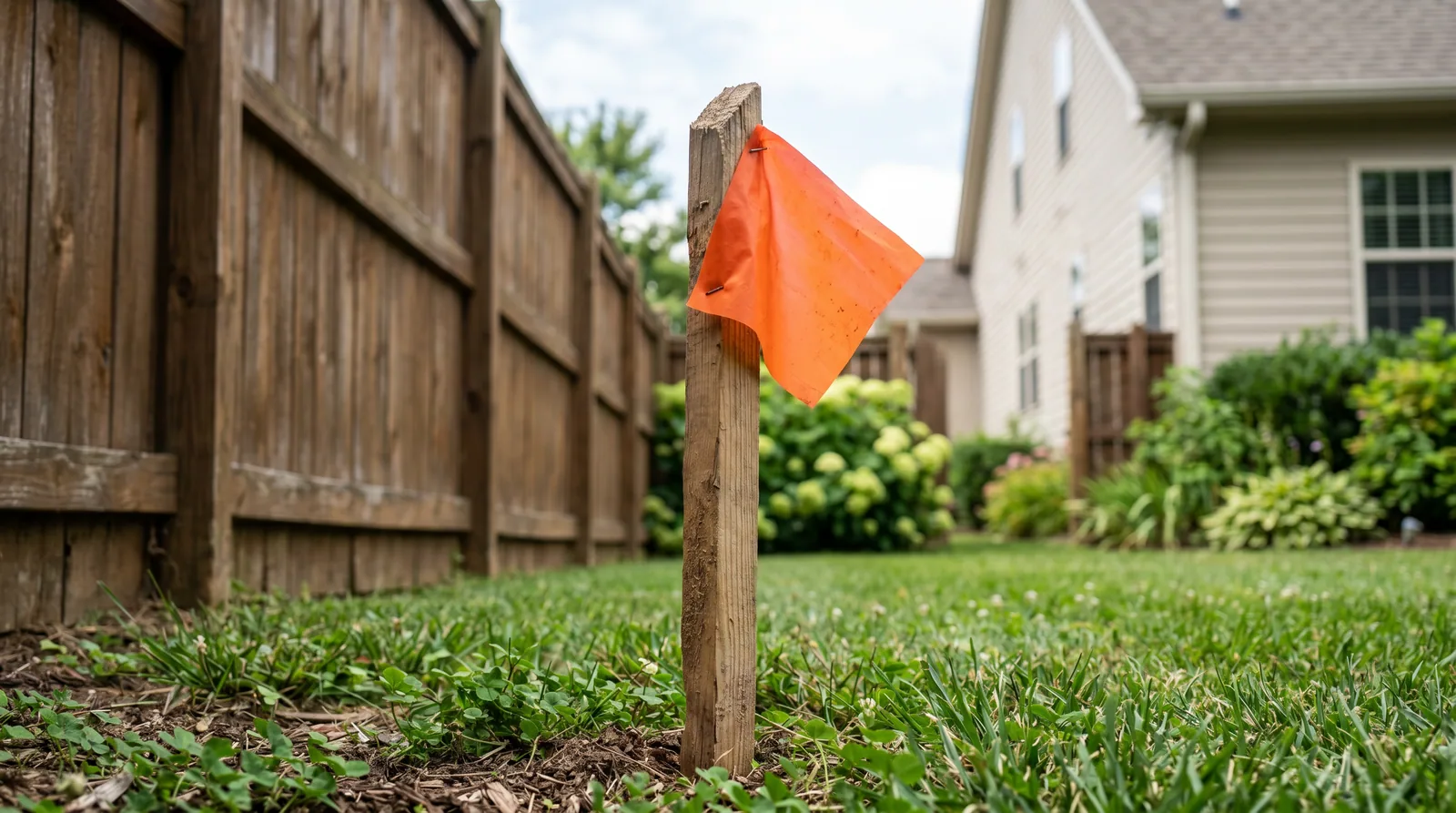 Property line marker in a residential yard representing deck setback considerations.