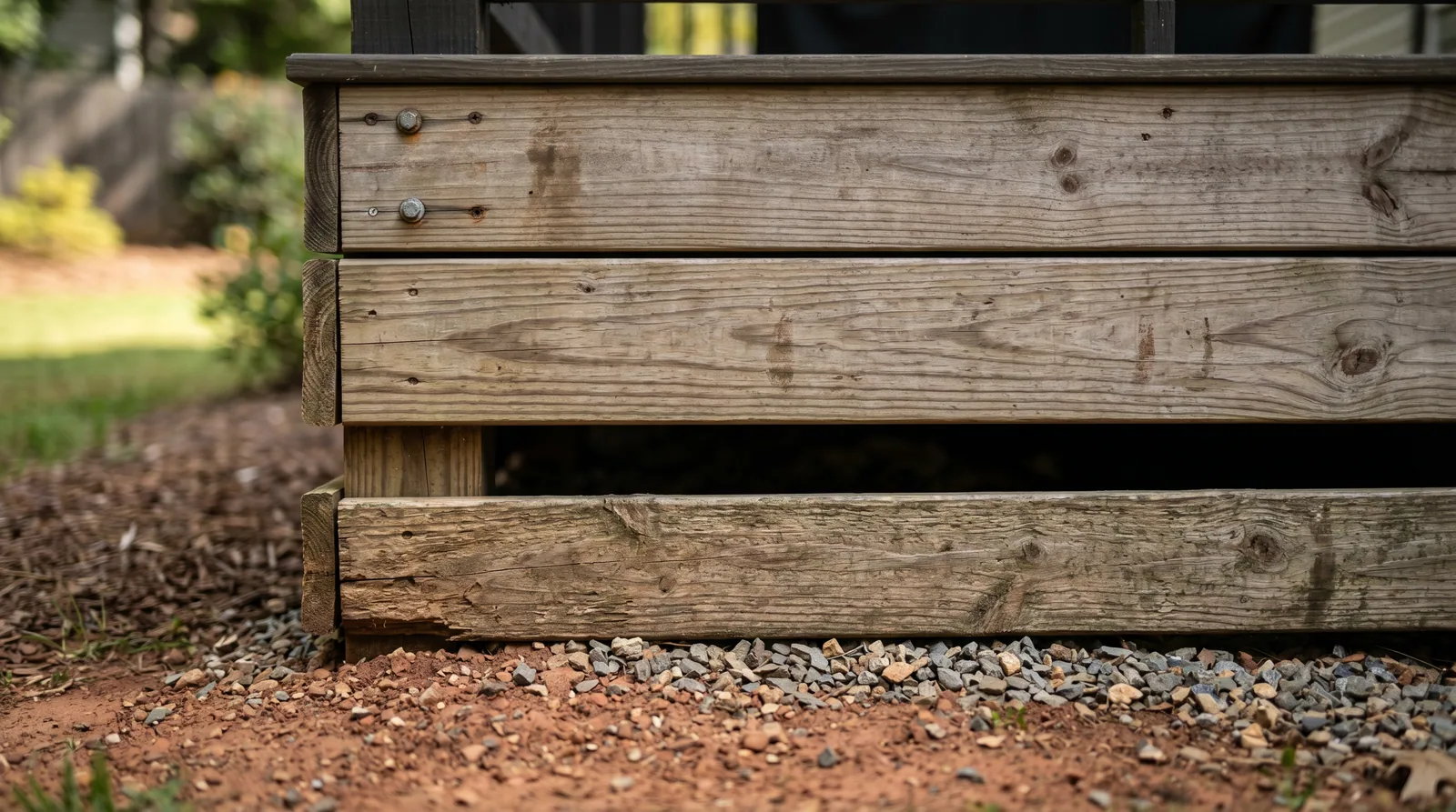 Close-up of residential deck skirting showing ventilation gap above North Carolina clay soil