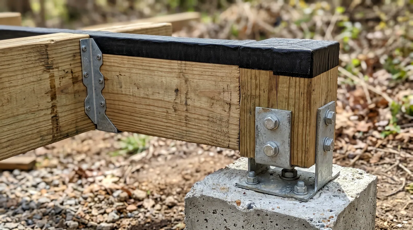 Close-up of deck substructure protection: joist tape on joist and elevated post base on concrete footing.