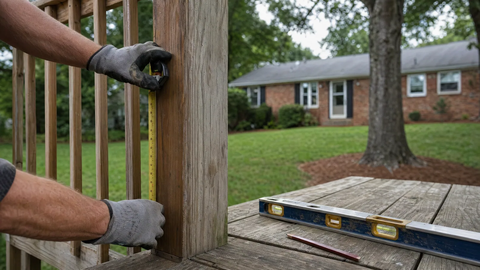 Contractor measuring an existing deck railing post during a site assessment in a Triangle-area backyard.