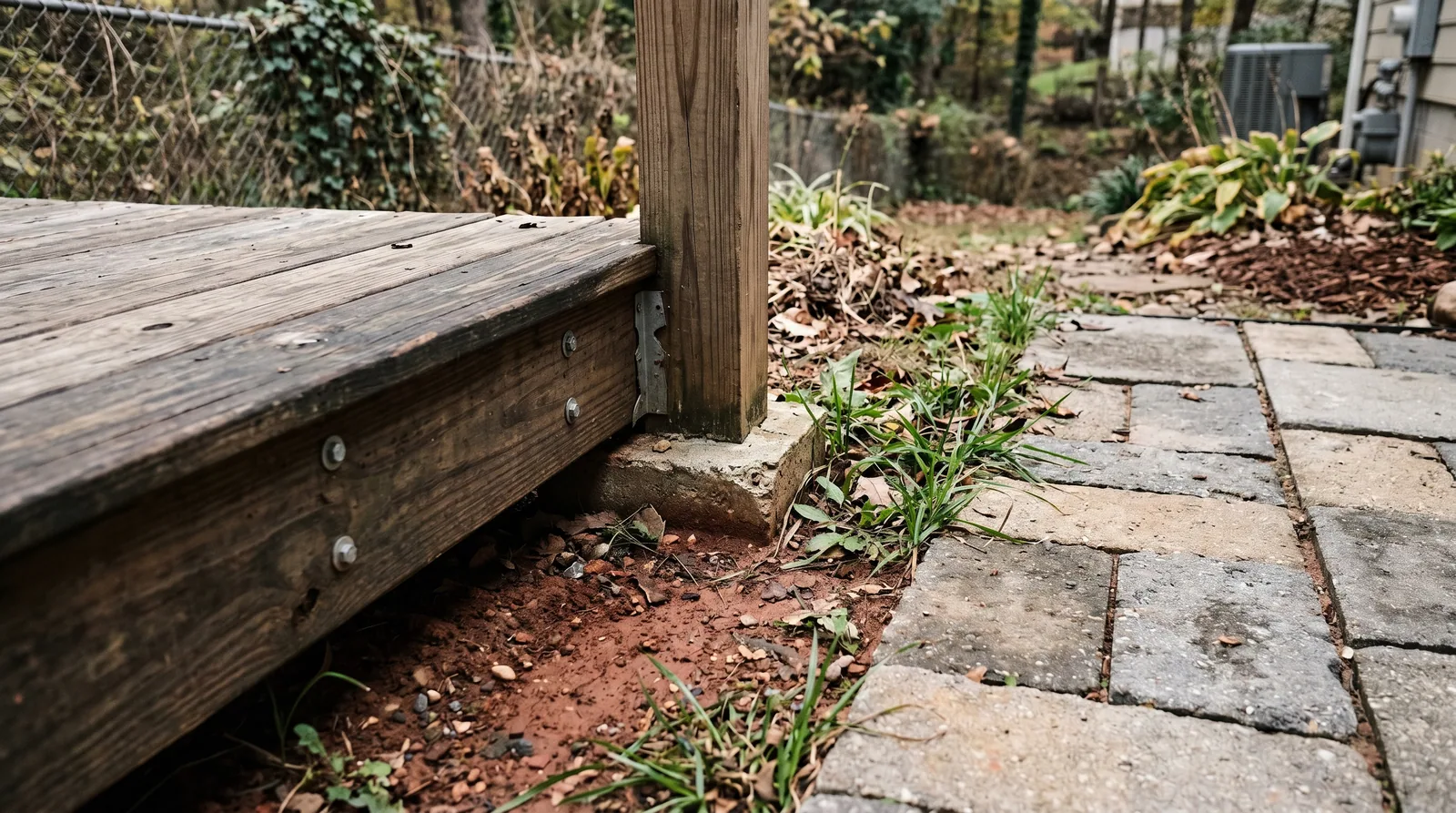 Close-up ground-level view of a wood deck edge meeting a paver patio with exposed red Piedmont clay soil in a Raleigh backyard.