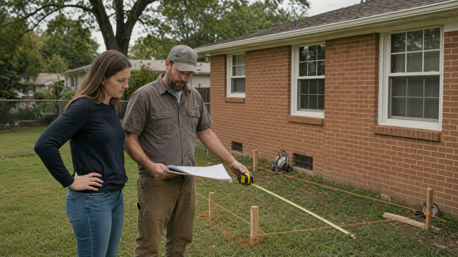 Deck contractor and homeowner reviewing site plans and setback measurements during a backyard consultation in the Raleigh area