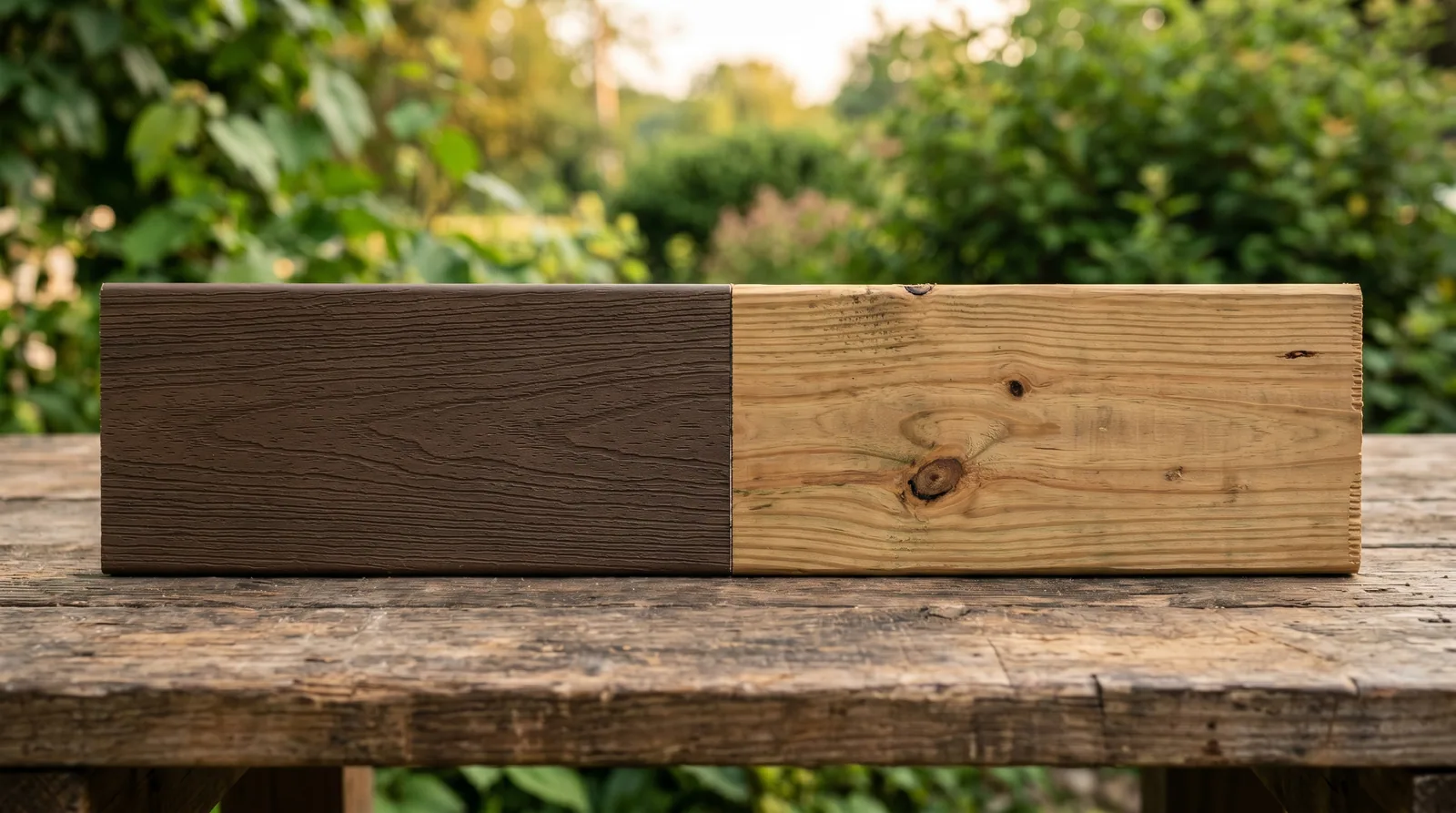 Close-up of composite and pressure-treated wood deck board samples on a workbench, showing texture and color differences.