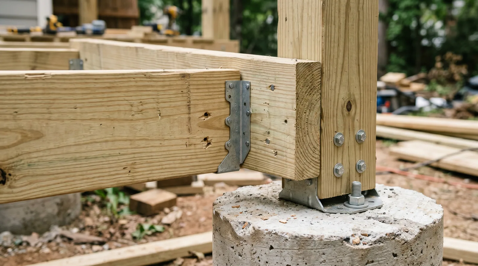 Close-up of deck framing hardware including joist hanger, ledger bolt, and post anchor on pressure-treated lumber in natural light.
