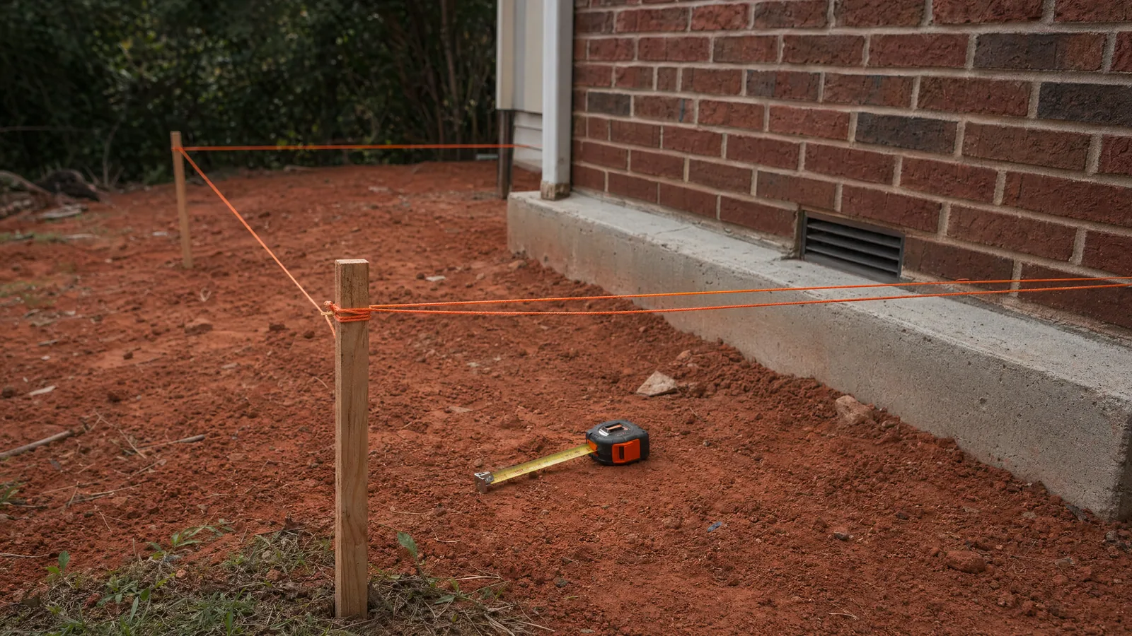 Deck layout stakes and string lines in clay soil near a house foundation marking a replacement project site