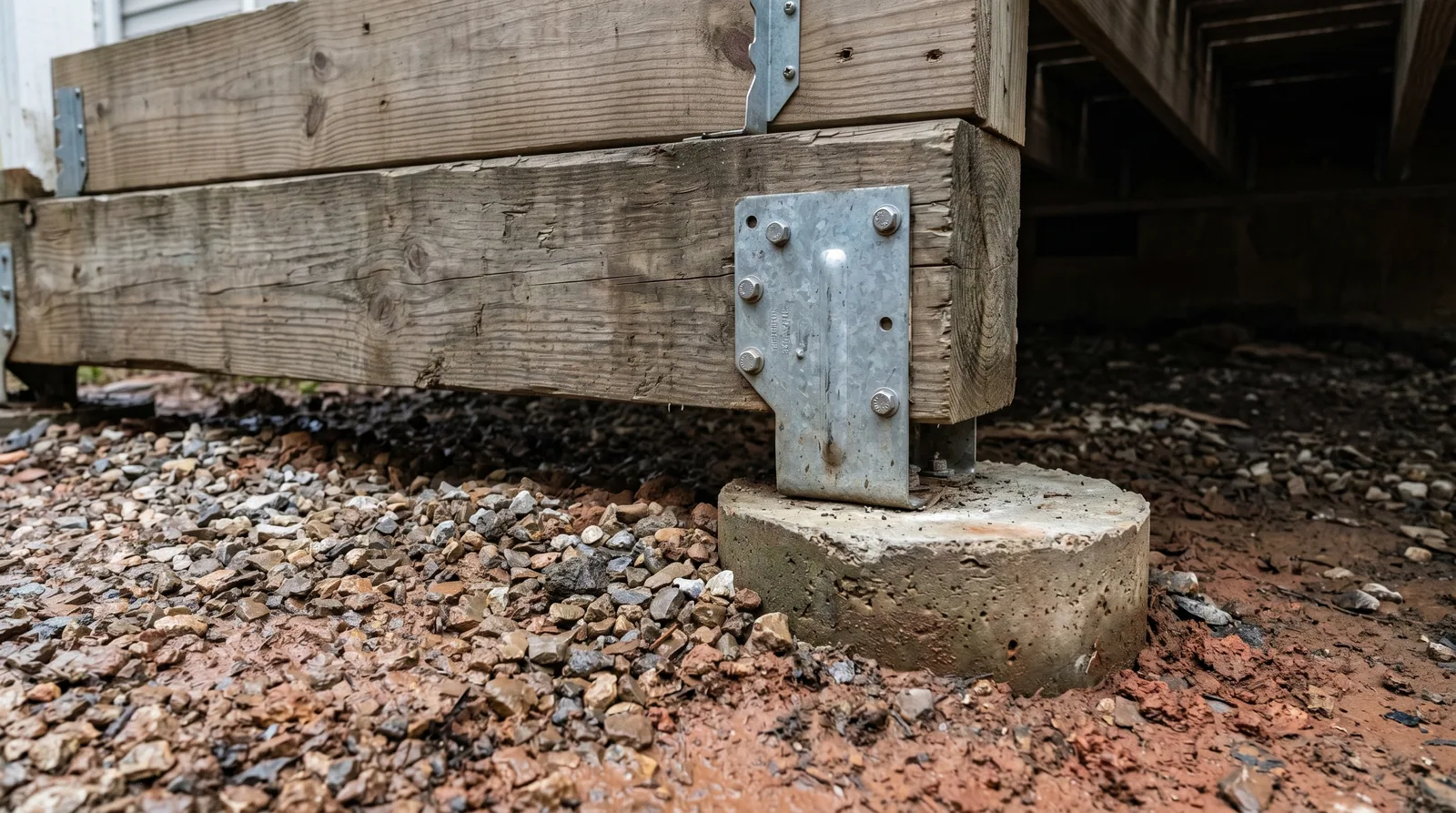 Close-up of low-profile deck framing showing pressure-treated beam, concrete footing, and gravel drainage bed near Piedmont clay grade