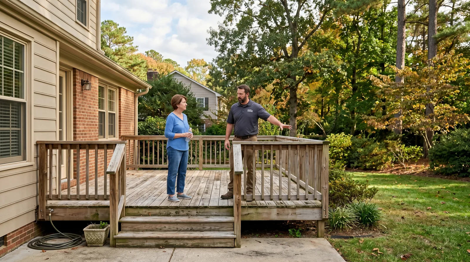Homeowner and deck contractor discussing a deck project in a Raleigh backyard, no measuring tools visible.