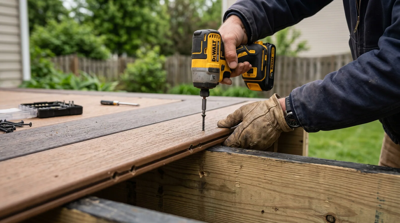 Close-up of deck installation showing composite deck boards being attached to the frame with screws.