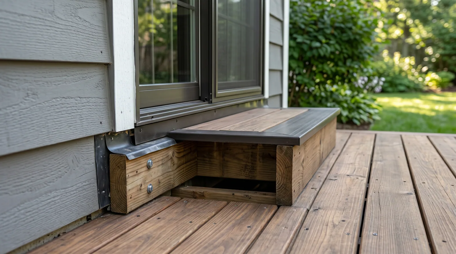 Close-up of deck-to-door transition with proper step-down gap and flashing