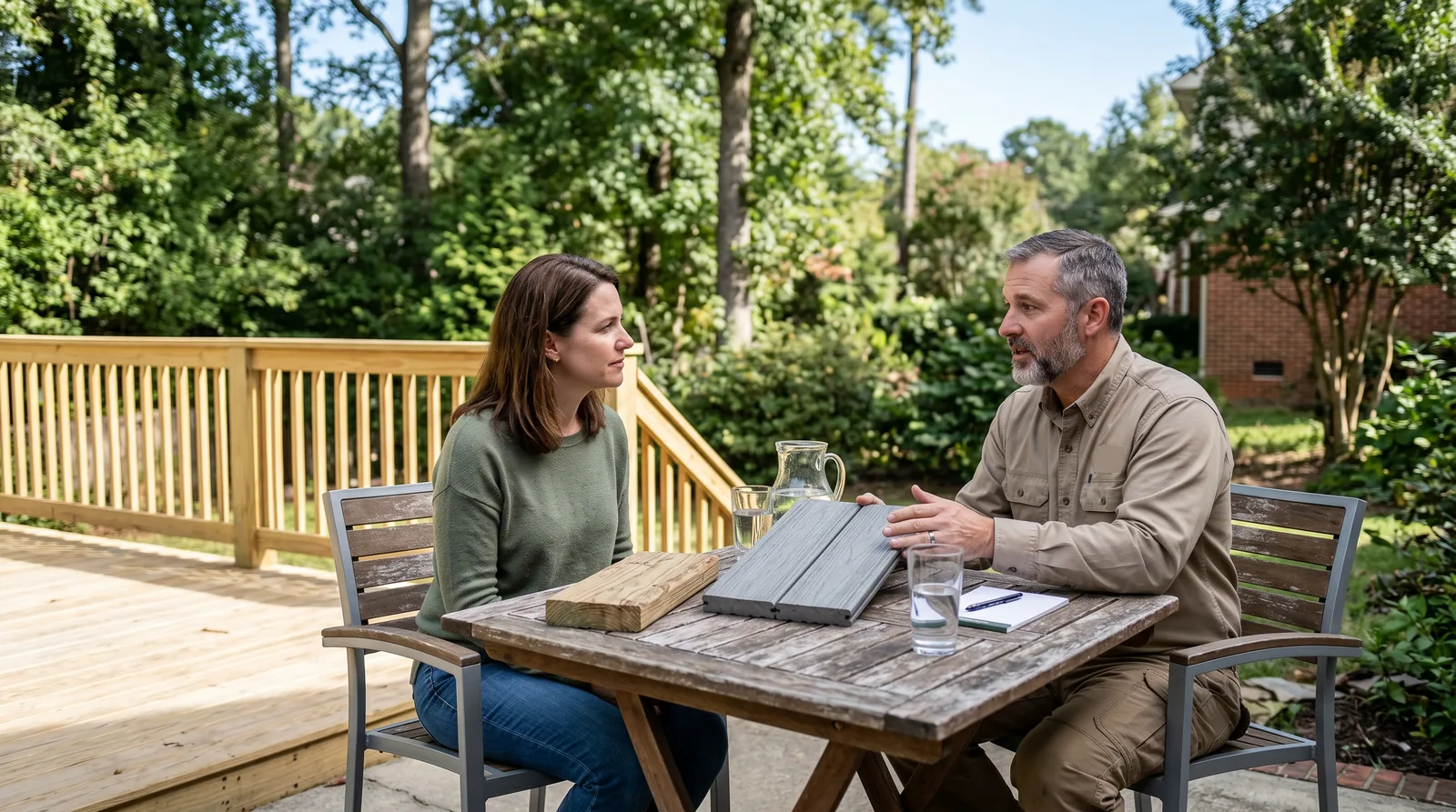 A contractor and homeowner discuss deck project financing and materials at an outdoor table with composite and wood samples, near a simple deck railing.