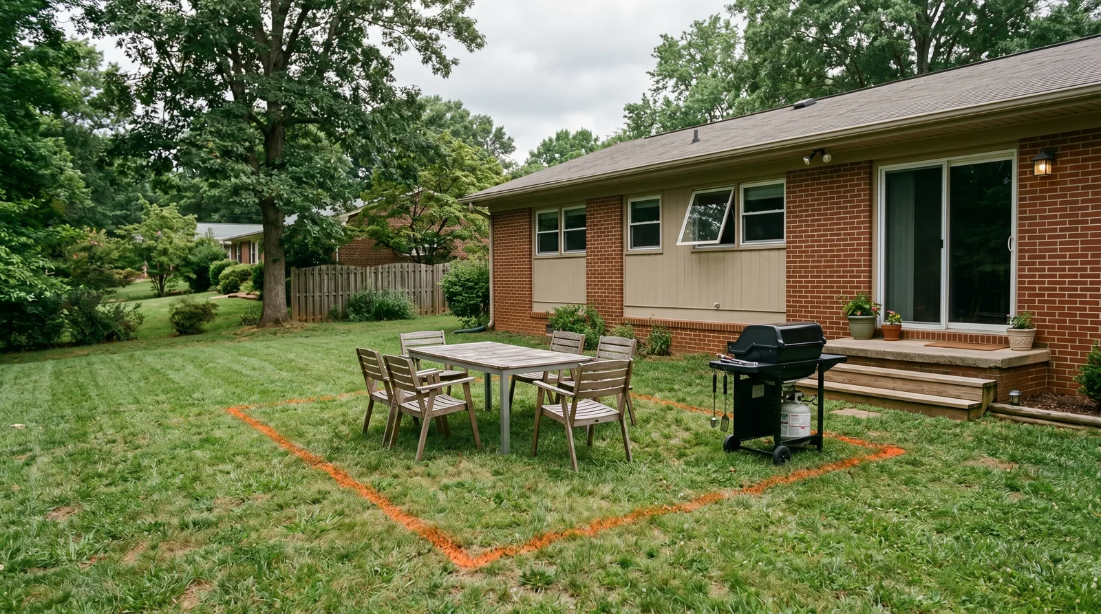 Backyard lawn with spray paint lines marking a proposed deck layout, with patio furniture arranged inside the outline to test spacing near a Raleigh-area home.