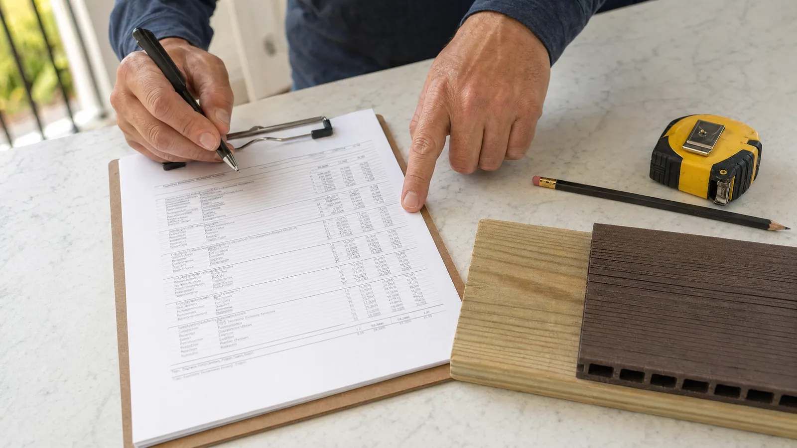 Close-up of hands reviewing an itemized deck estimate with material samples and a tape measure