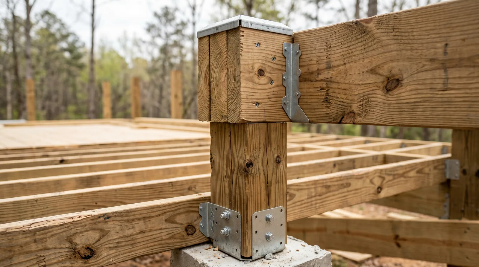 Close-up of deck framing with post and joist hanger, emphasizing robust construction for future roof support.