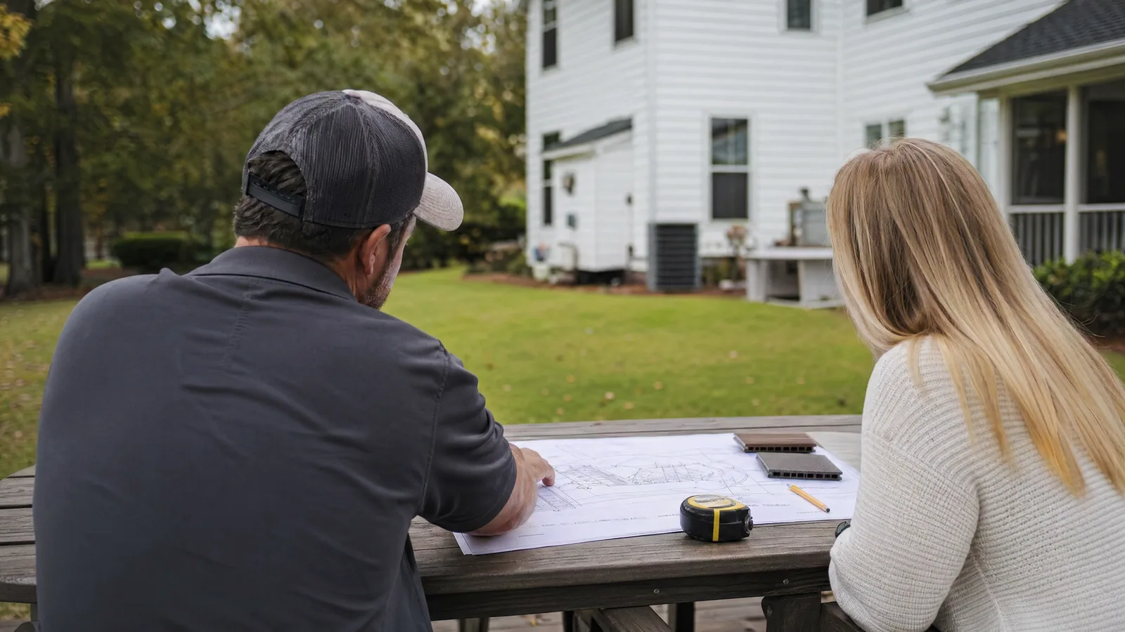 Contractor and homeowner reviewing deck site plans and material samples in a Raleigh backyard
