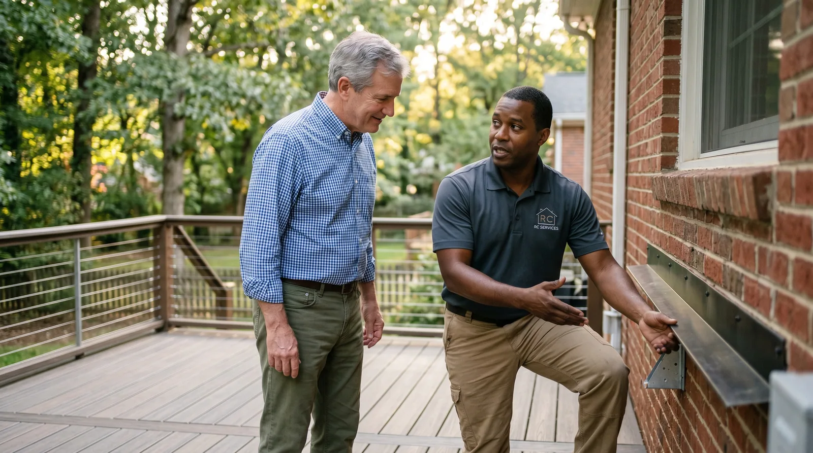 Homeowner vetting a deck builder by examining ledger flashing and a joist hanger on an existing deck in Raleigh, NC