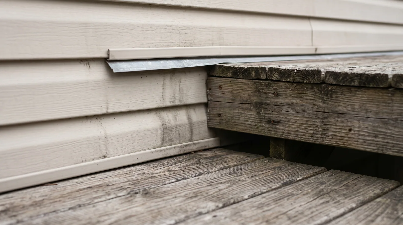 Close-up of an older wood deck ledger board where it meets a house, showing weathered deck boards and siding connection.