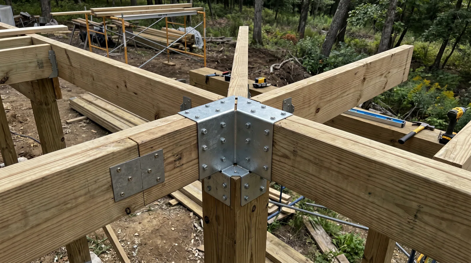 Inside corner deck framing with corner post and beam splice during construction.