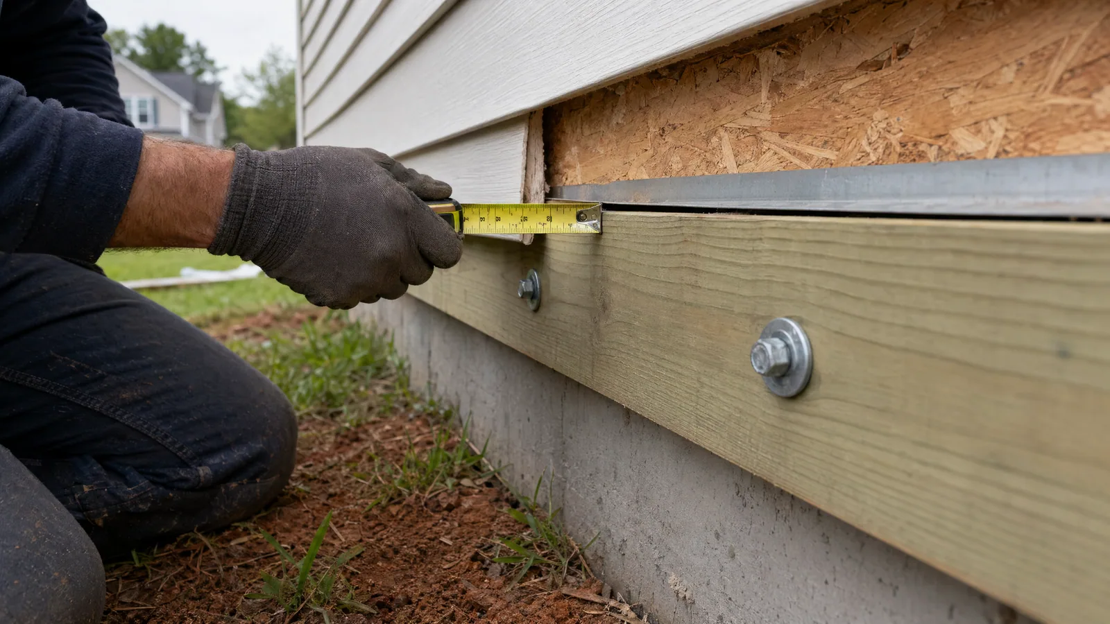 Contractor measuring the gap between a deck ledger and a house wall during a structural inspection in Raleigh.