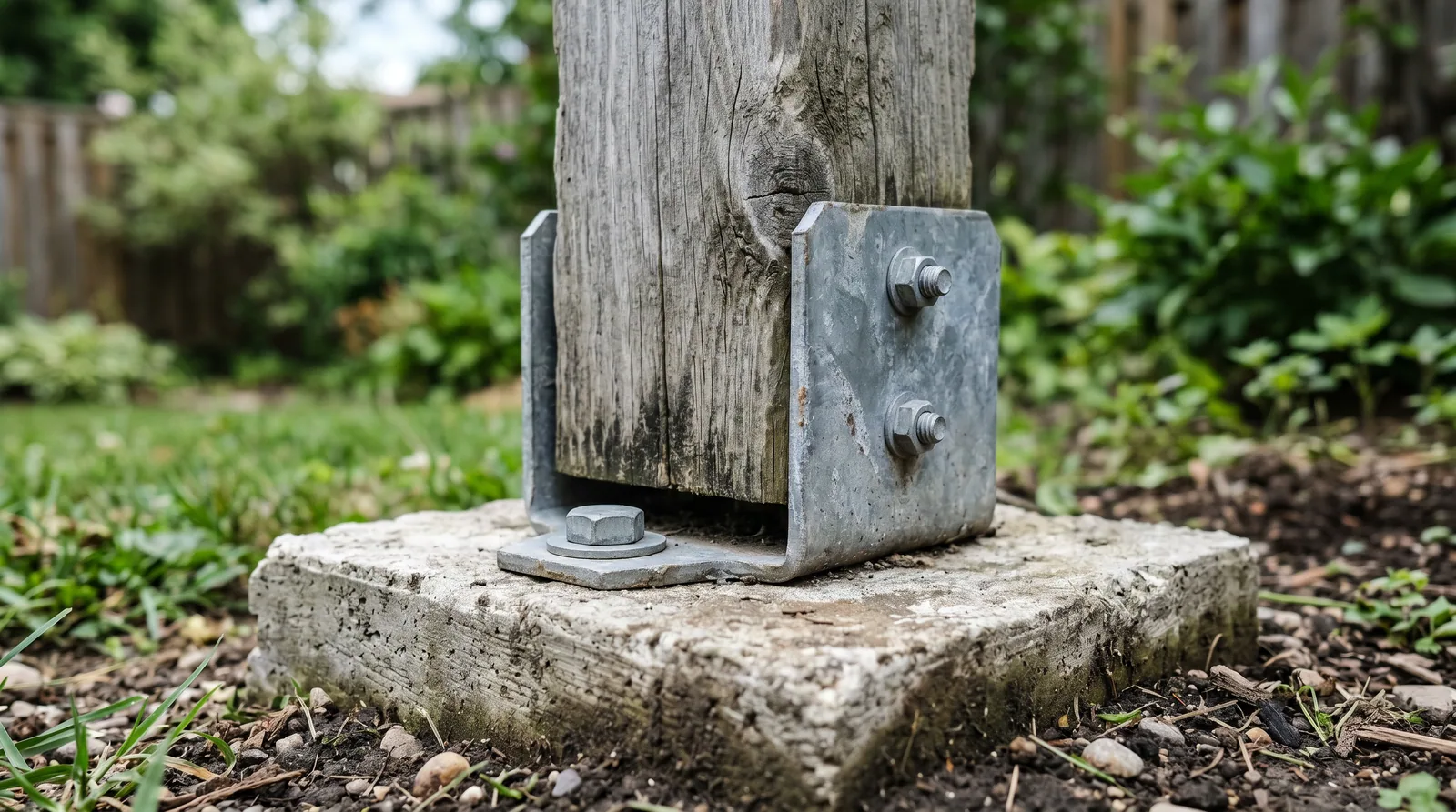 Close-up of an aging deck post base connected to a concrete pier with a metal bracket, showing natural wood weathering and footing detail.