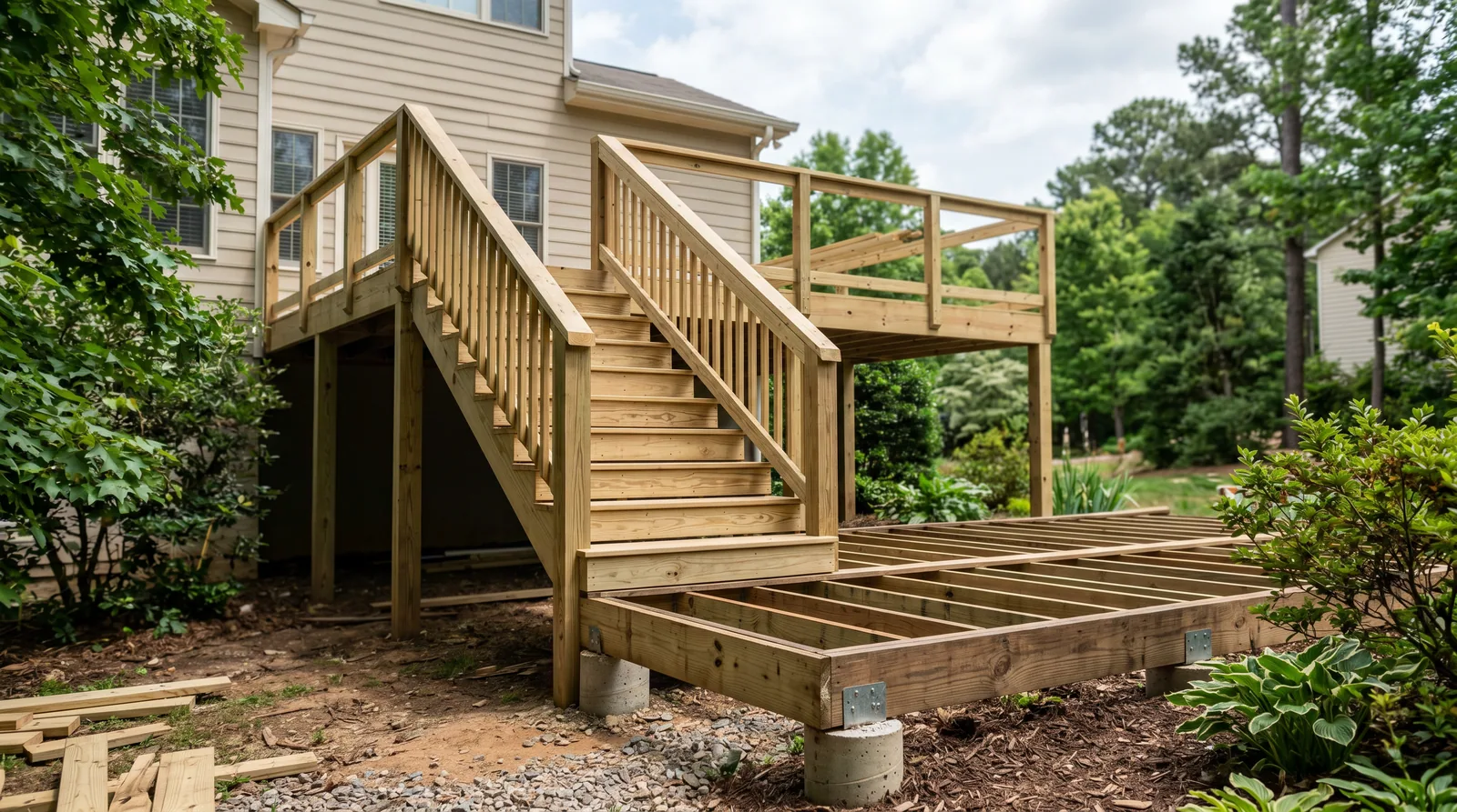 Partial view of a multi-level deck under construction with stairs connecting upper and lower deck levels in a Raleigh backyard.