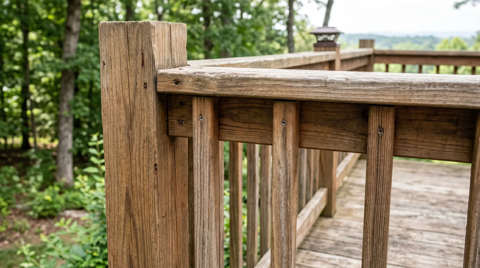 Partial close-up of deck railing in Raleigh, showing a wooden post and balusters, indicating the need for deck railing replacement.