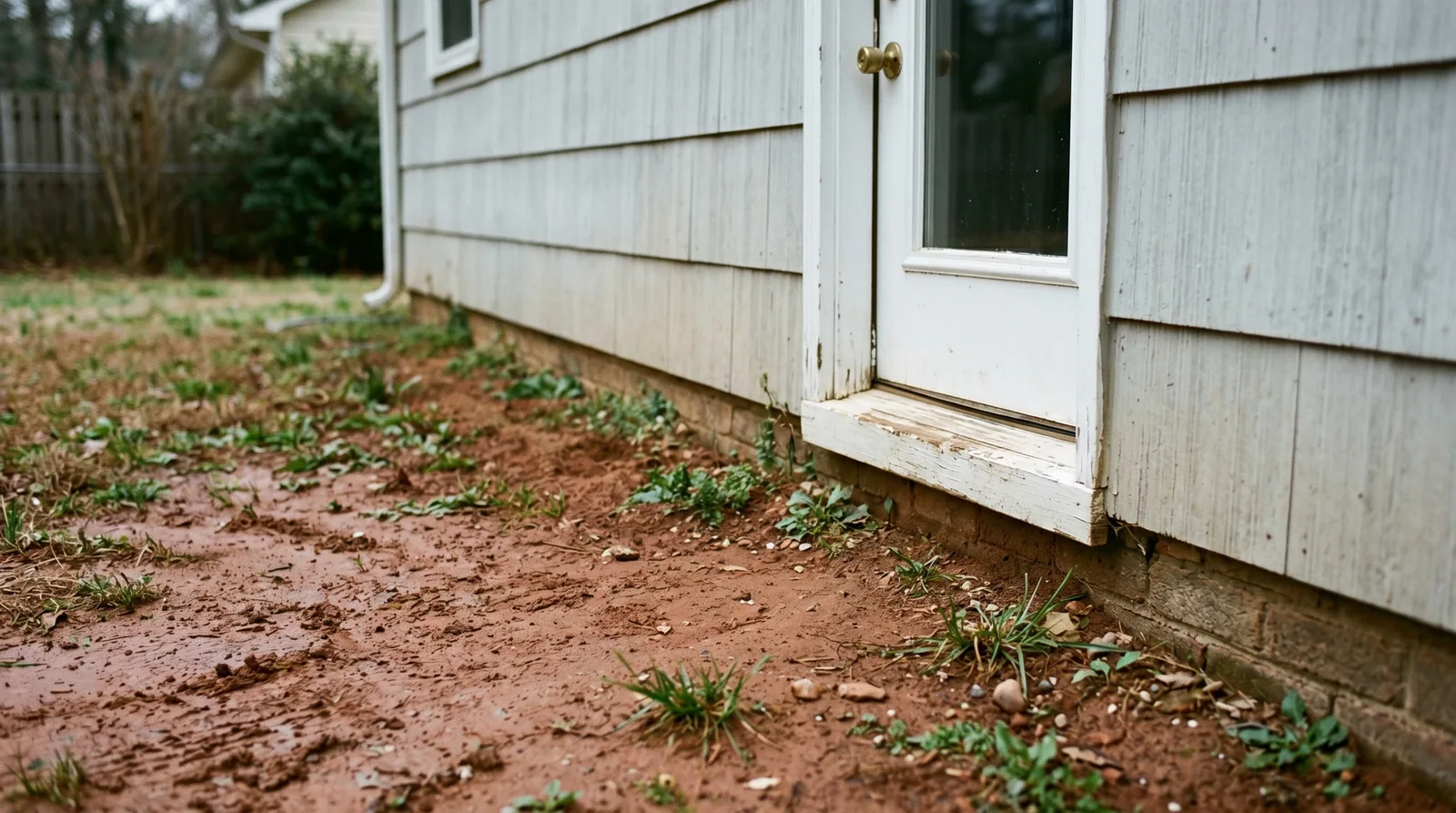 Back door threshold above bare Piedmont clay ground at a Raleigh home before new deck construction begins