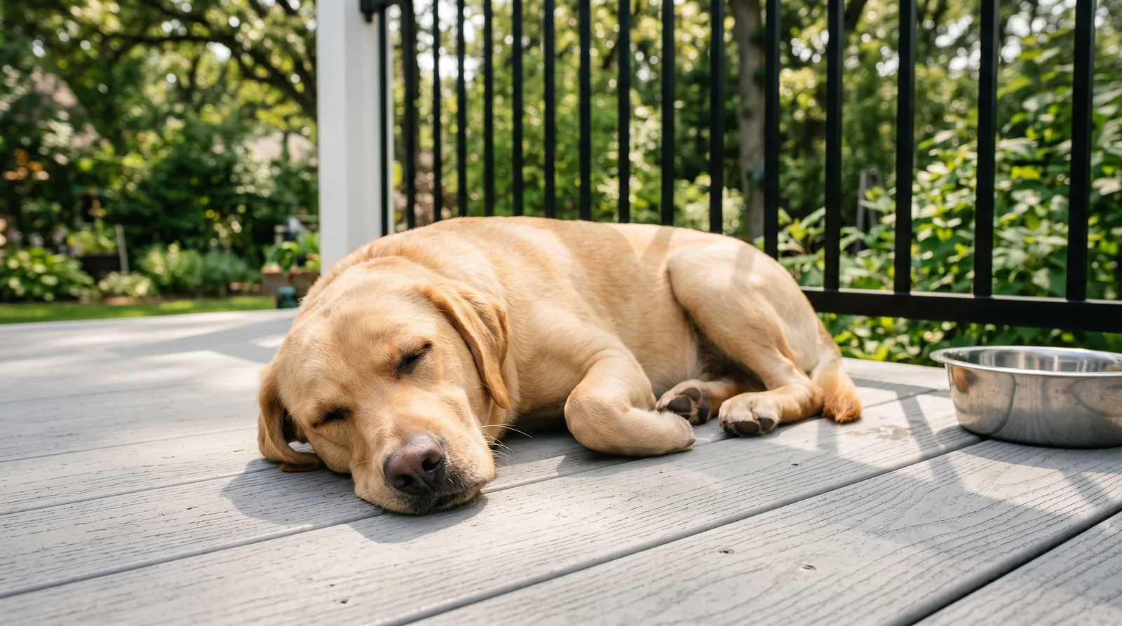 Dog resting on pet-friendly composite decking with narrow-spaced railing in a shaded backyard.