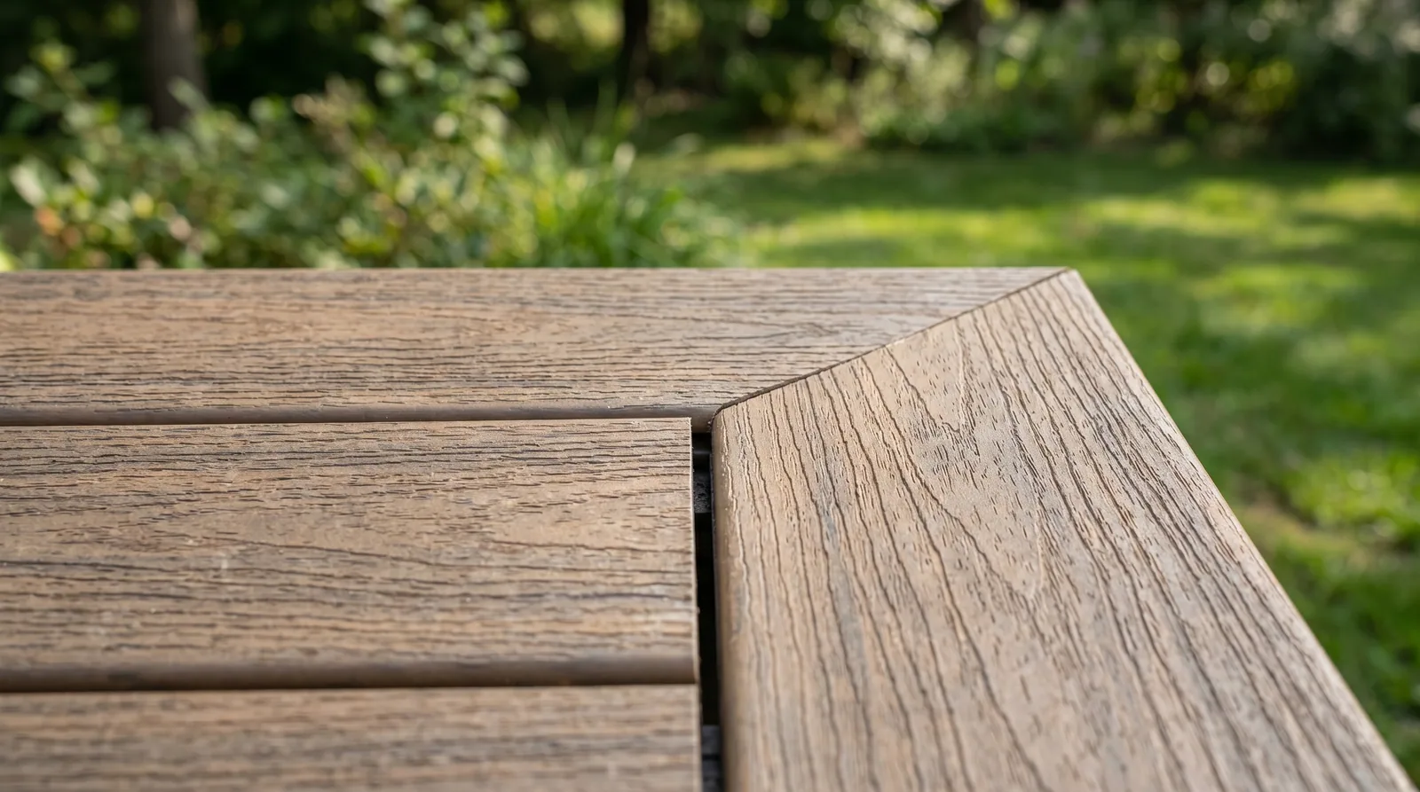 Close-up of composite deck boards with a picture frame border, showing the perpendicular joint and gap spacing in natural light.