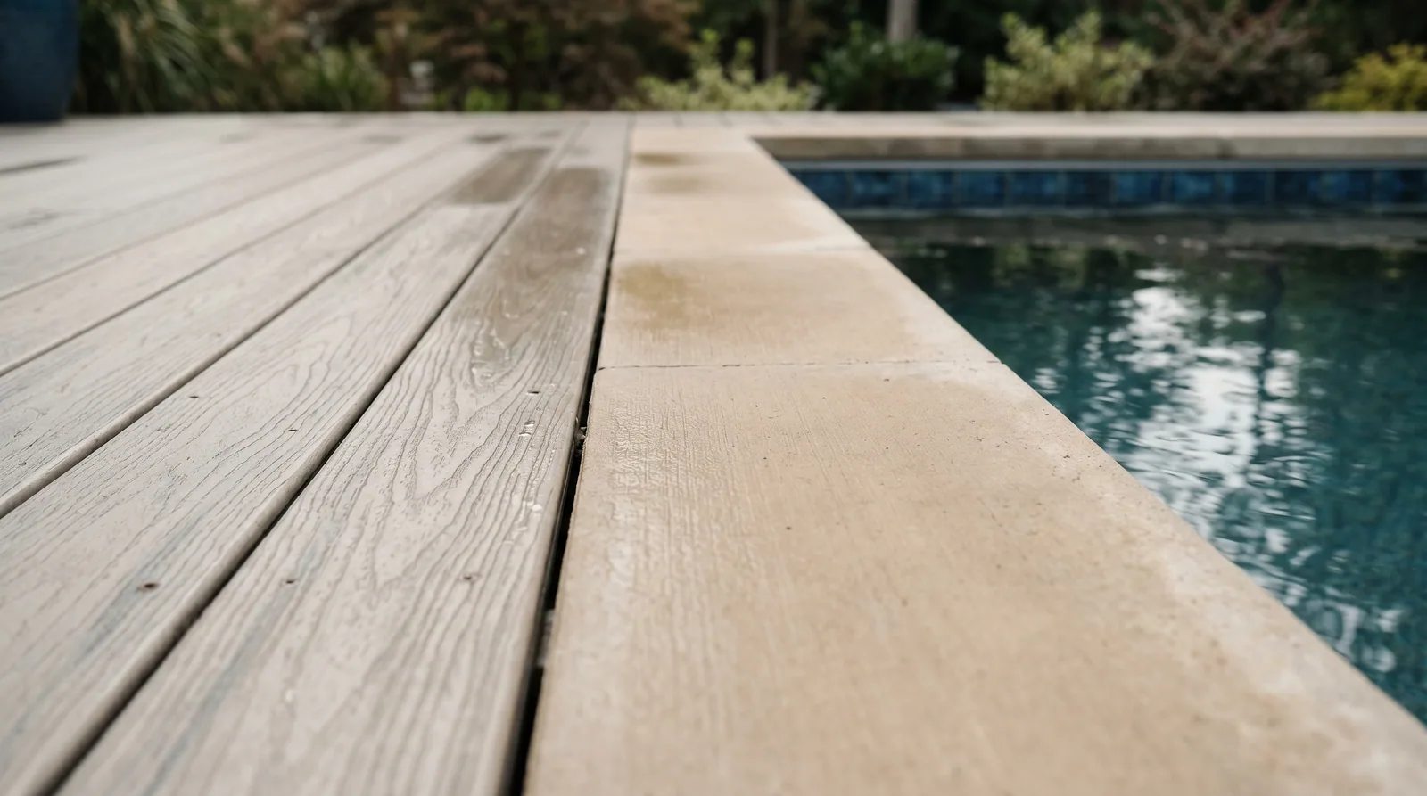 Close-up of composite deck boards meeting pool coping at a residential pool deck edge, showing waterline detail relevant to pool deck replacement in Raleigh NC.