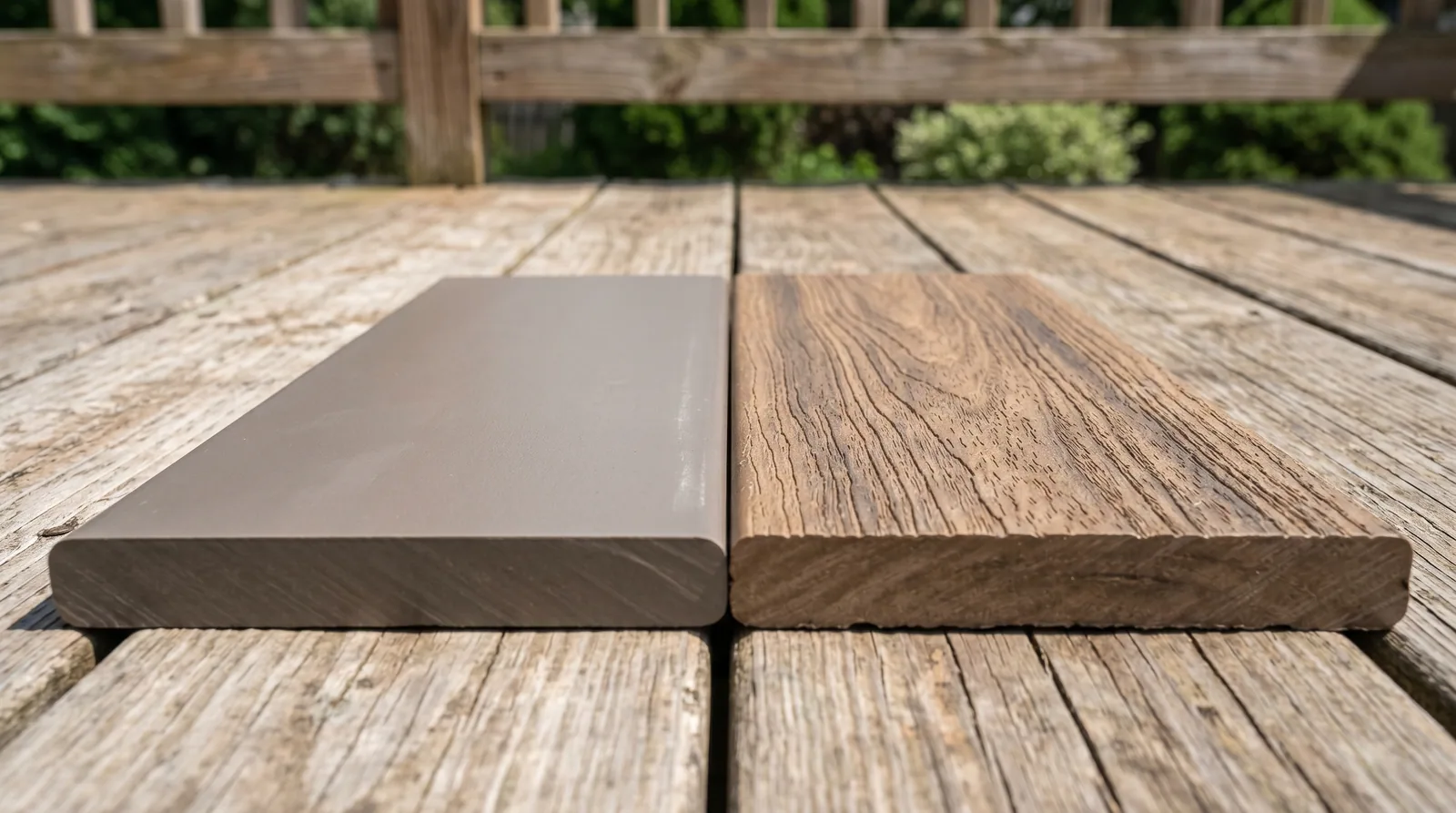 Side-by-side comparison of PVC decking and composite decking samples in natural outdoor light showing texture differences.
