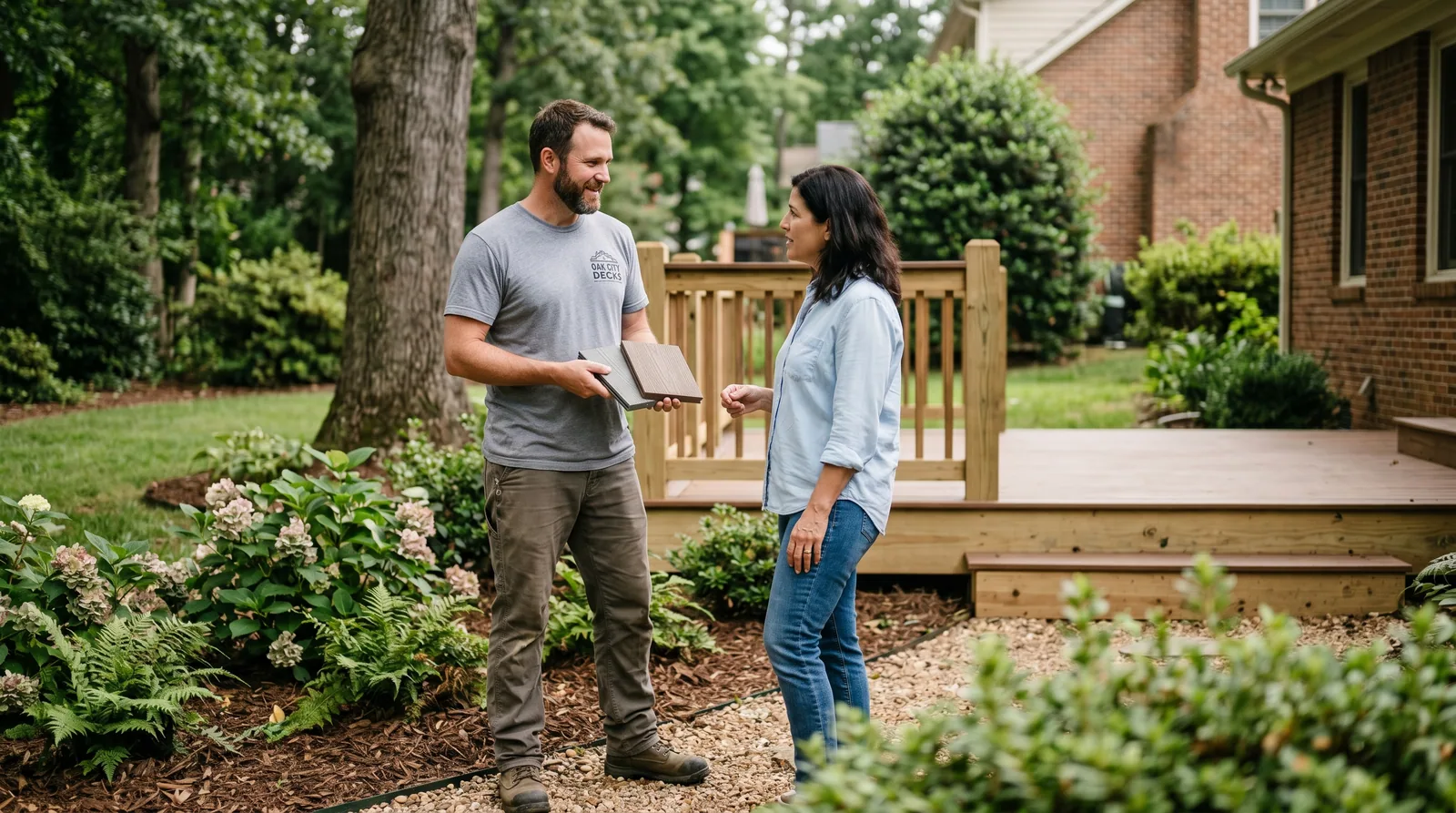 Deck builder and homeowner discussing project details and material samples in a Raleigh backyard.