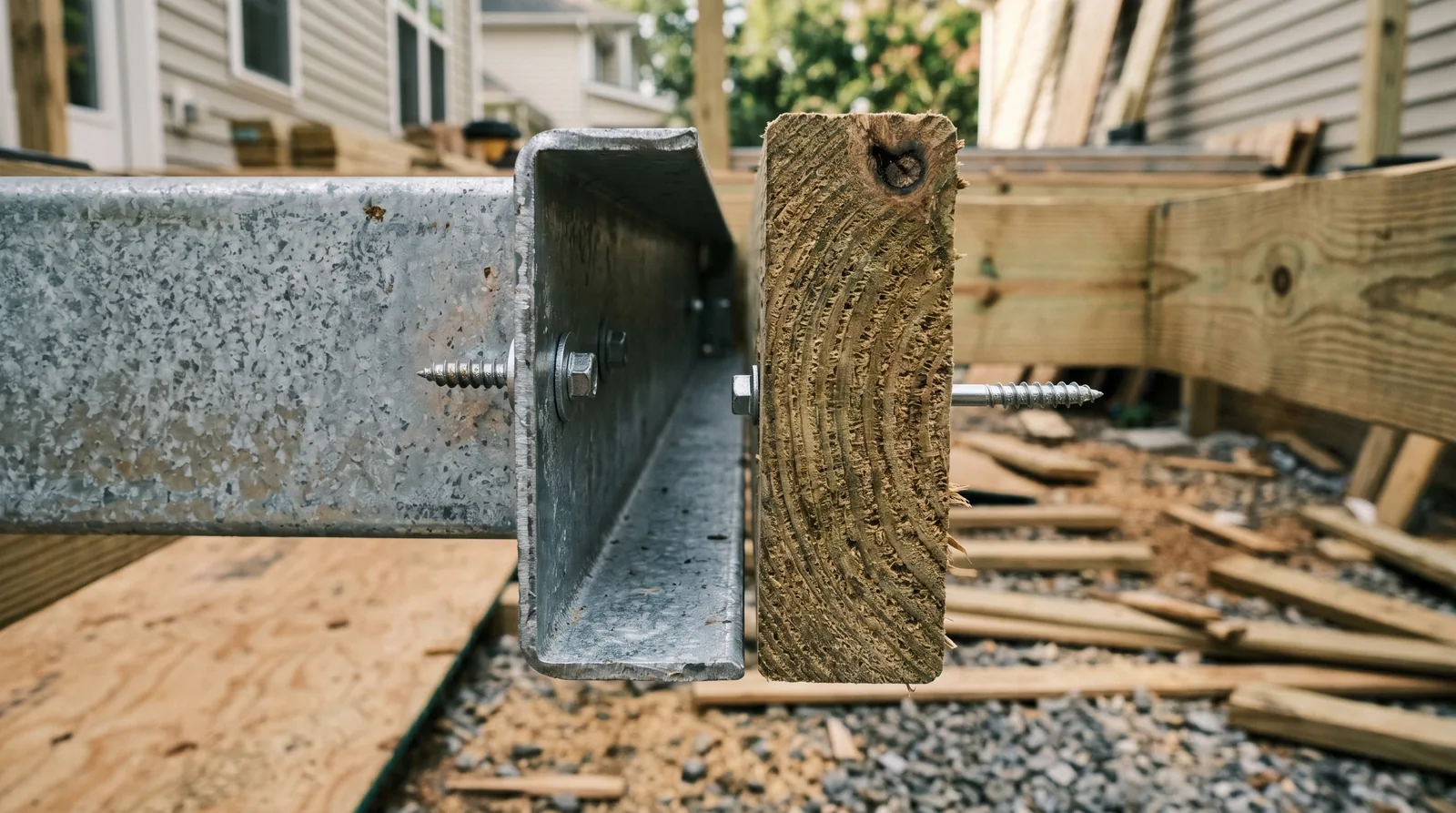 Comparison of steel deck framing joist and pressure-treated wood deck framing material for composite decks.