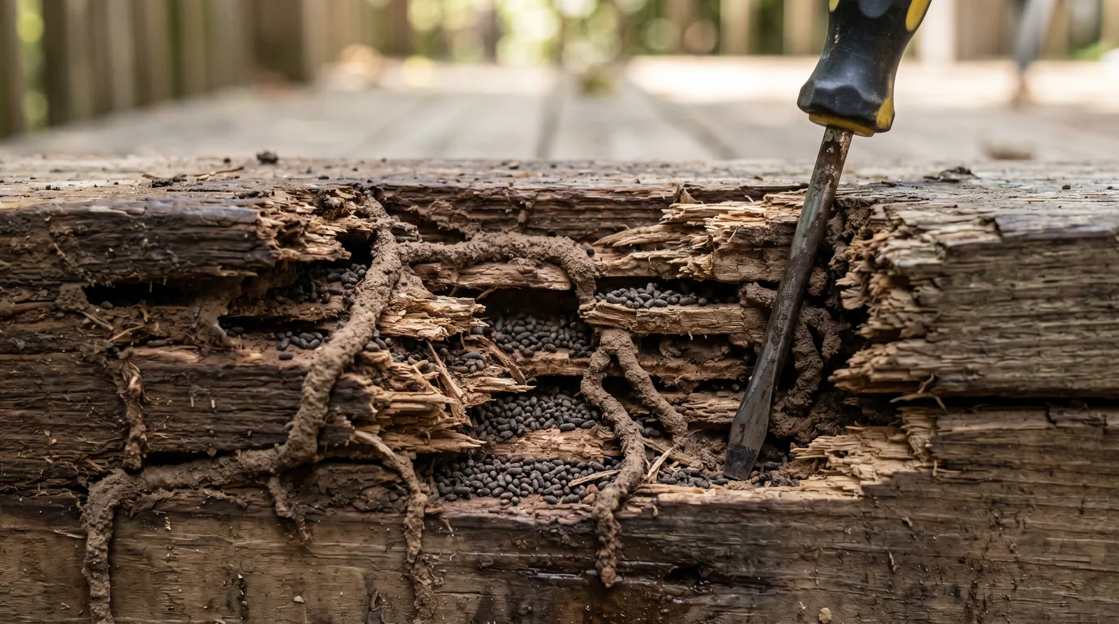 Close-up of termite-damaged pressure-treated deck wood with mud tubes and frass, a screwdriver tip for scale, showing structural decay.