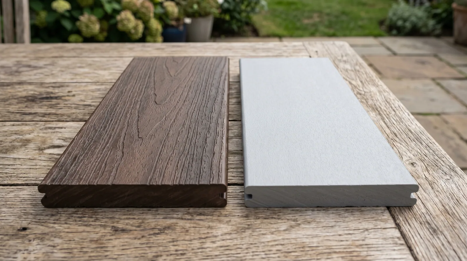 Side-by-side comparison of Trex composite and TimberTech AZEK PVC deck board samples in natural light.