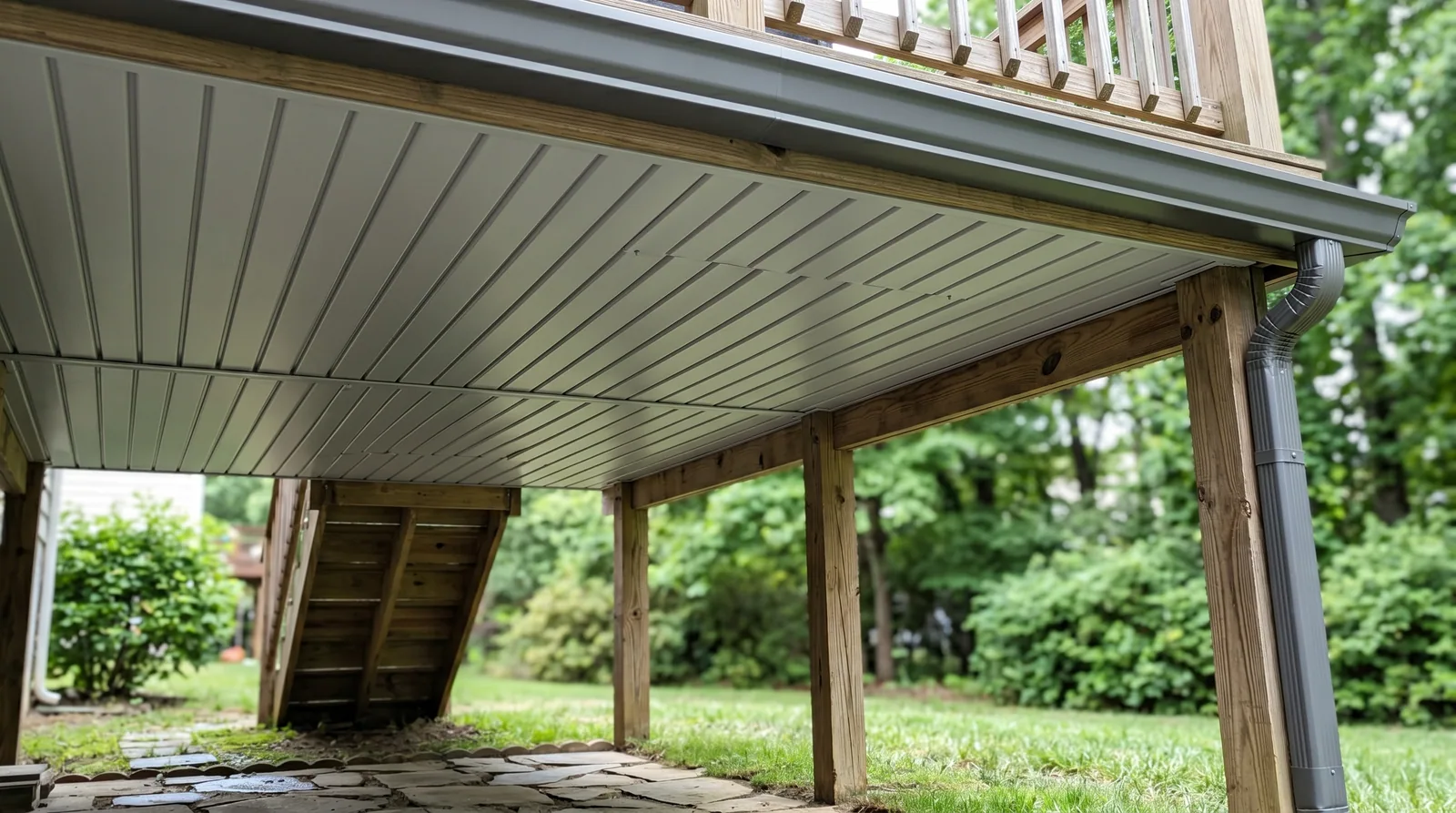 Under deck dry space ceiling and drainage detail beneath an elevated deck in a Raleigh NC area backyard