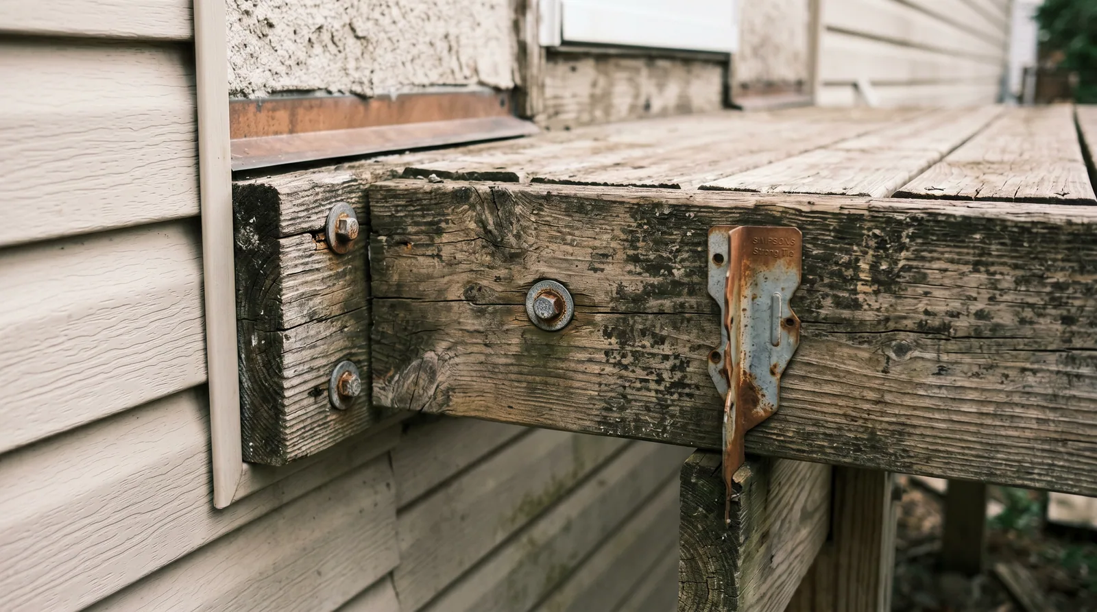 Close-up of a weathered deck ledger board bolted to a house wall, illustrating the structural details homeowners in Raleigh face when dealing with an older unpermitted deck replacement.