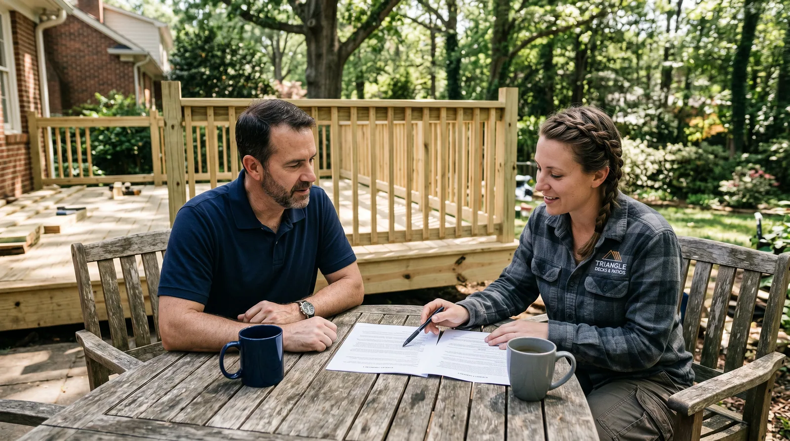 Homeowner and deck contractor reviewing contract documents outdoors near a deck.