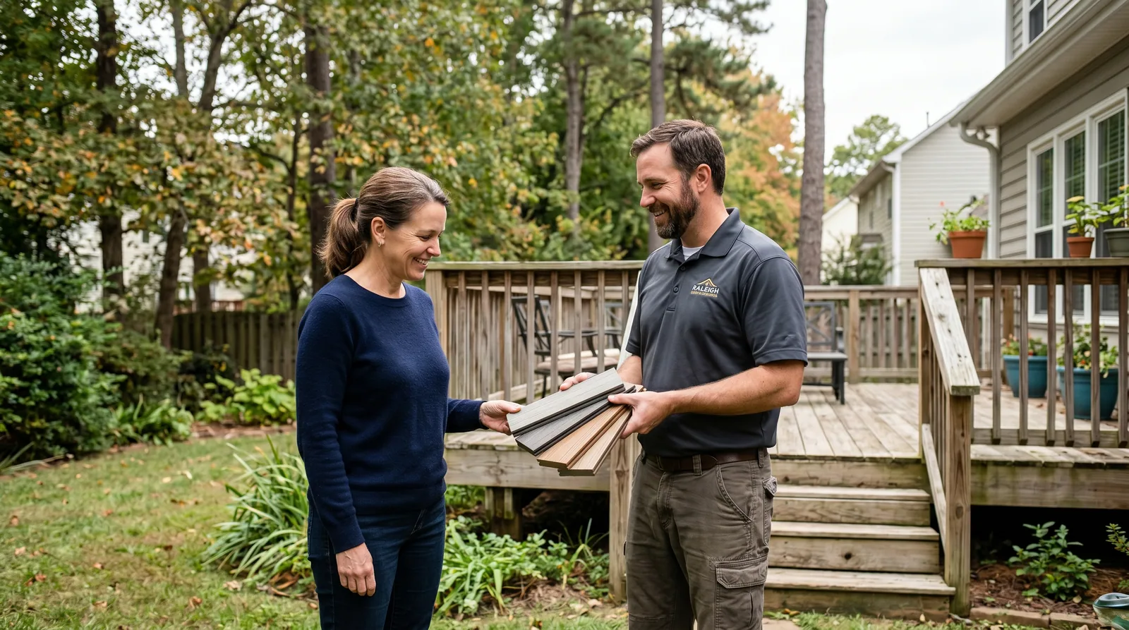 Homeowner and deck contractor discussing a deck project with material samples in a Raleigh backyard.