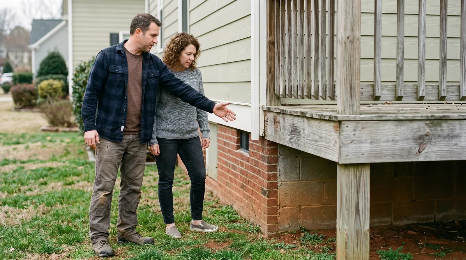 Contractor and homeowner discussing a deck estimate during a site assessment near a house foundation in Raleigh, NC