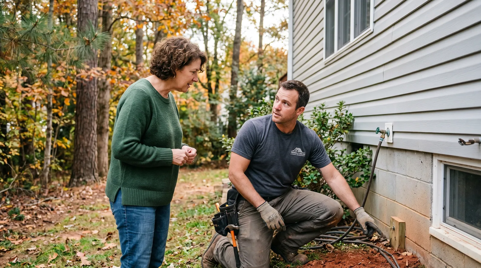 Deck contractor performing on-site assessment in Raleigh, NC backyard, inspecting ledger area and soil conditions