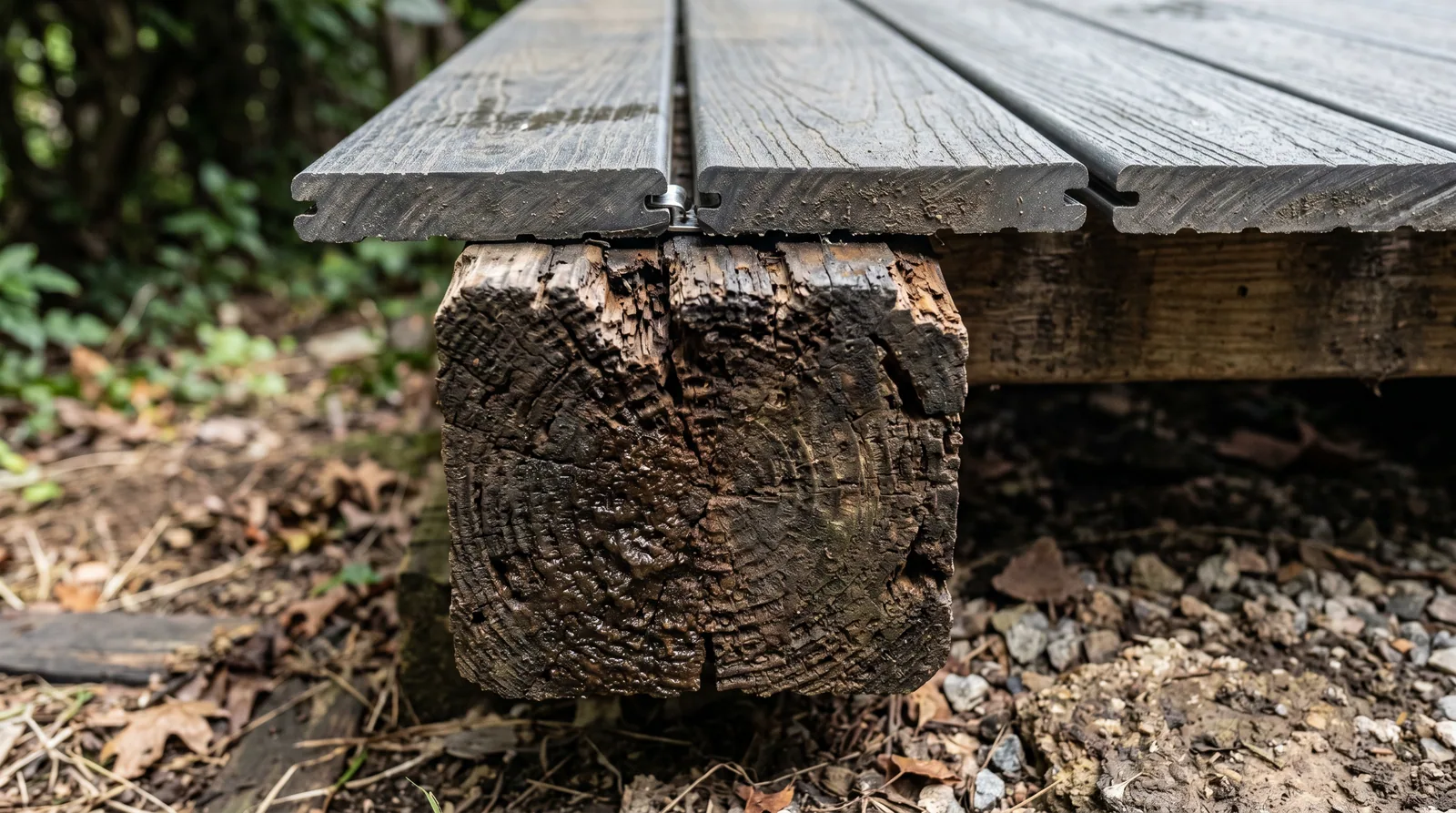 Inspection of rotted deck joist under composite decking.
