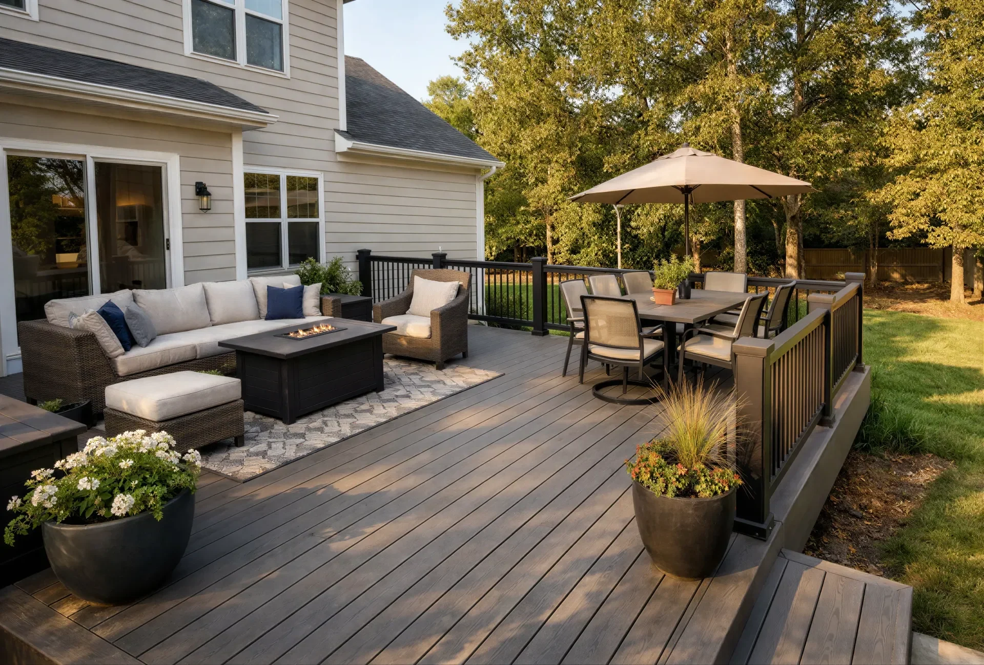 Premium composite backyard deck built by Daedalus Decks in Raleigh NC